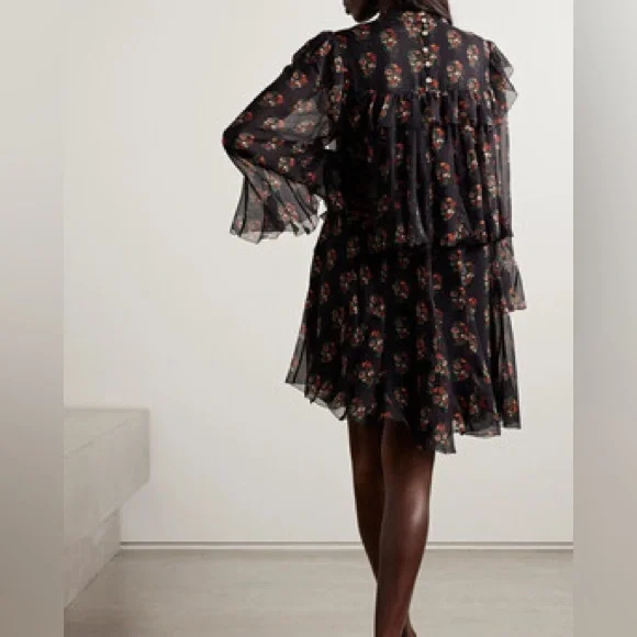 DÔEN Alette Ruffled Tiered Floral-print Silk-georgette Mini Dress - Black size S - Picture 4 of 12